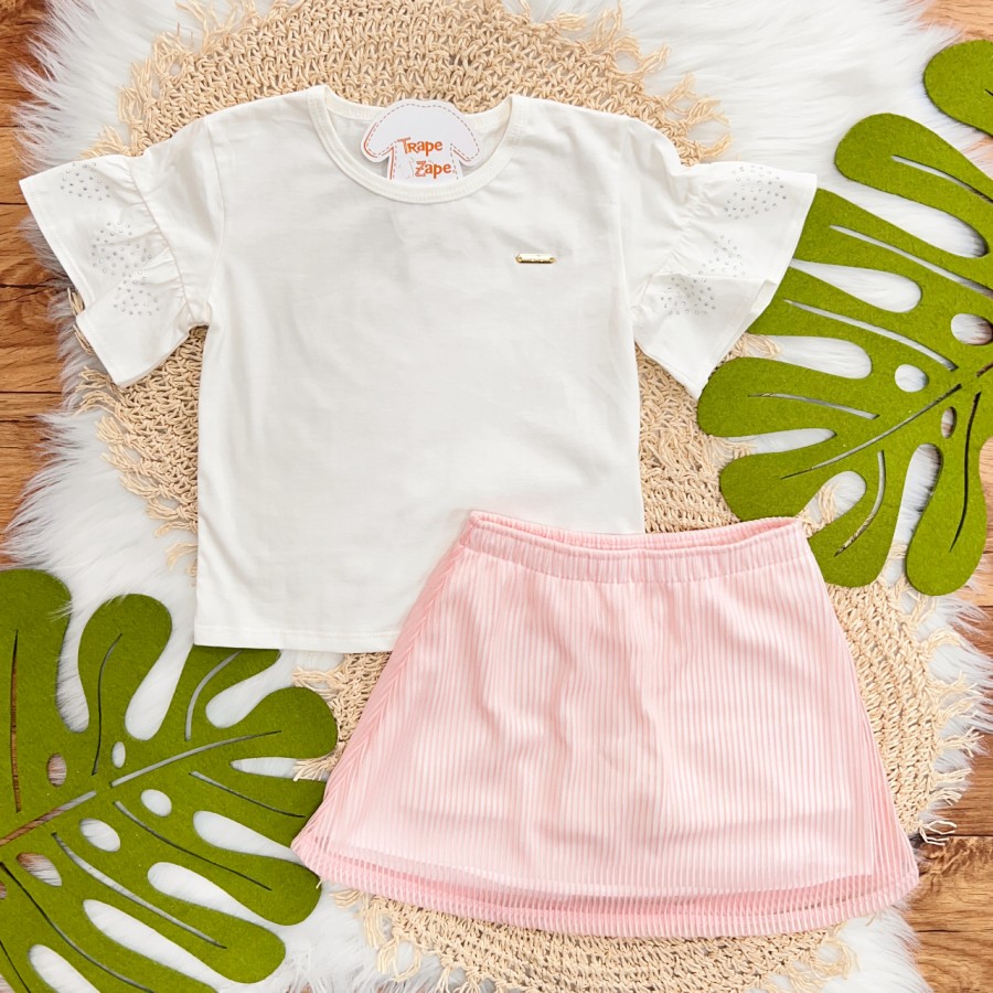 Conj. Blusa com Manga Flare com Strass e Saia Canelado com Tule - Off White e Rosa